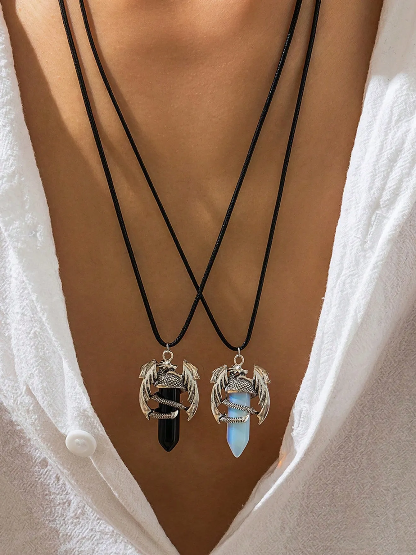 2pcs Dragon Crystal Pendant Necklace Set for Couples Friendship Necklace