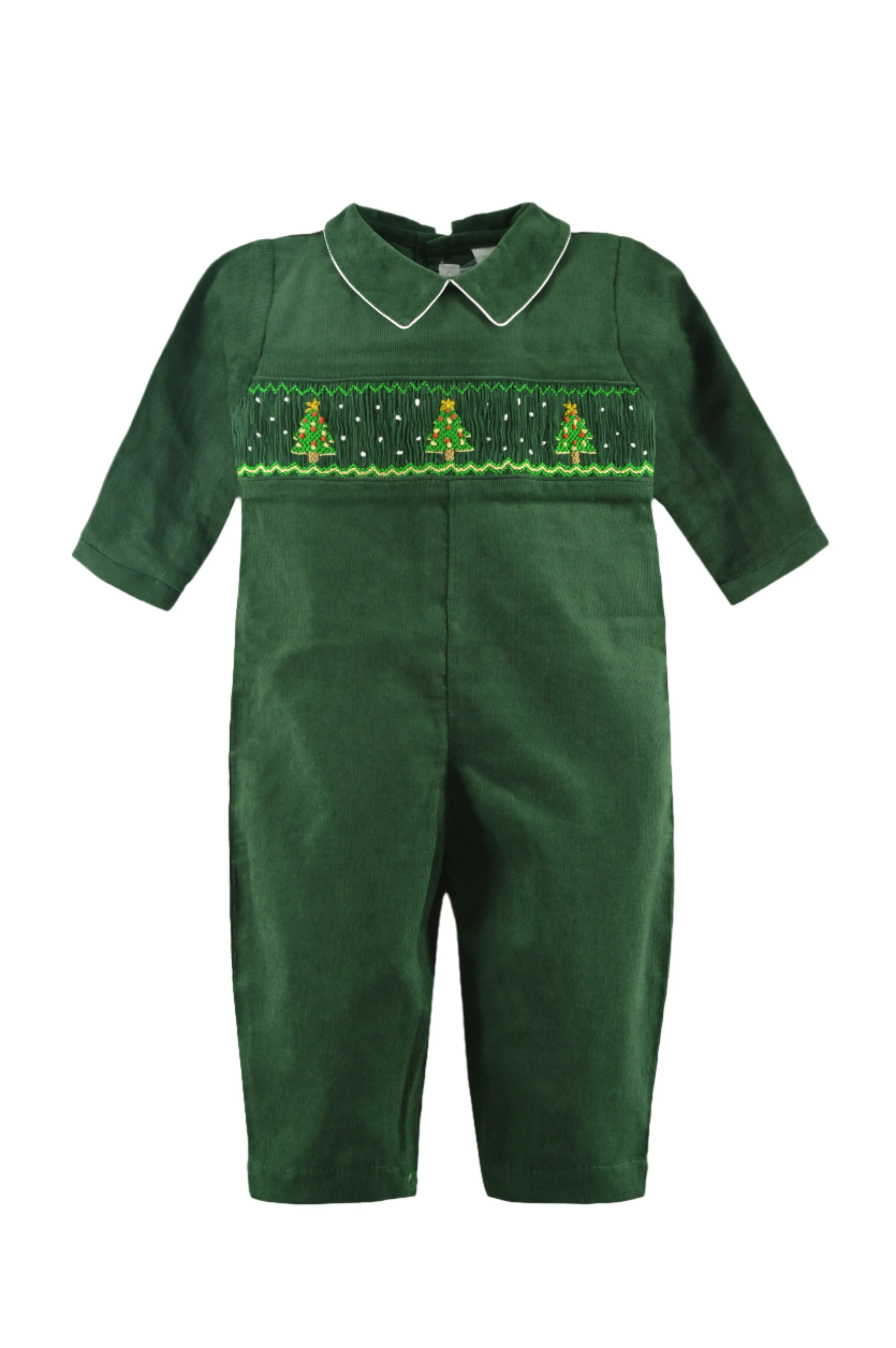 30033-Smocked Christmas Trees Baby Boy Long Romper