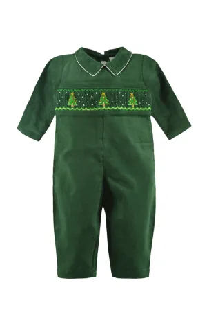 30033-Smocked Christmas Trees Baby Boy Long Romper