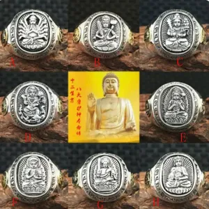 925 Sterling Silver Zodiac & Guardian Deities Buddha Ring
