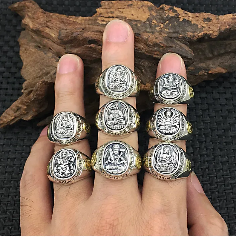 925 Sterling Silver Zodiac & Guardian Deities Buddha Ring