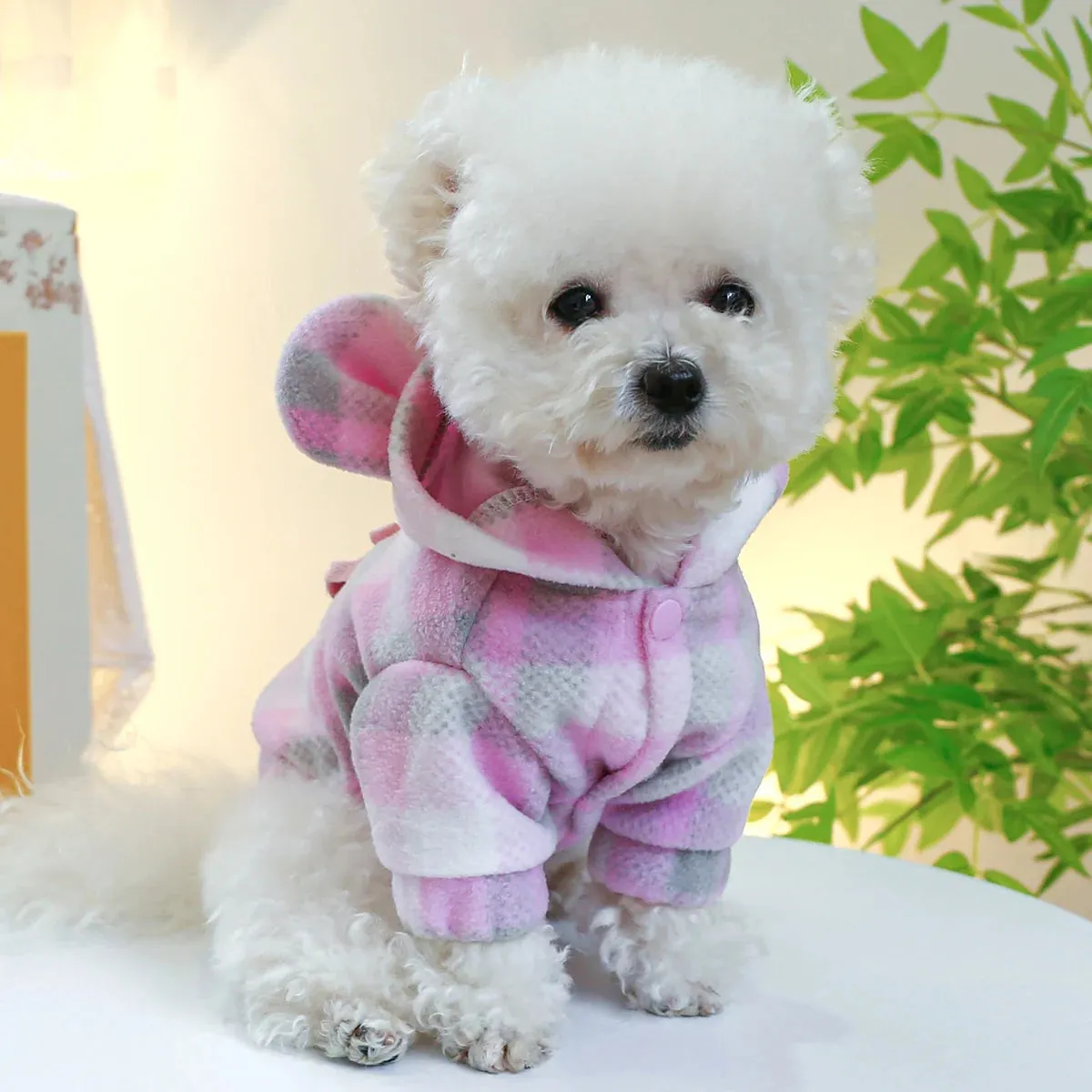 Adorable Winter Charm: Pink Plaid Bear Ears Hooded Coat with Drawstring Buckle for Small to Medium Dogs - Stylish Warmth for the Season