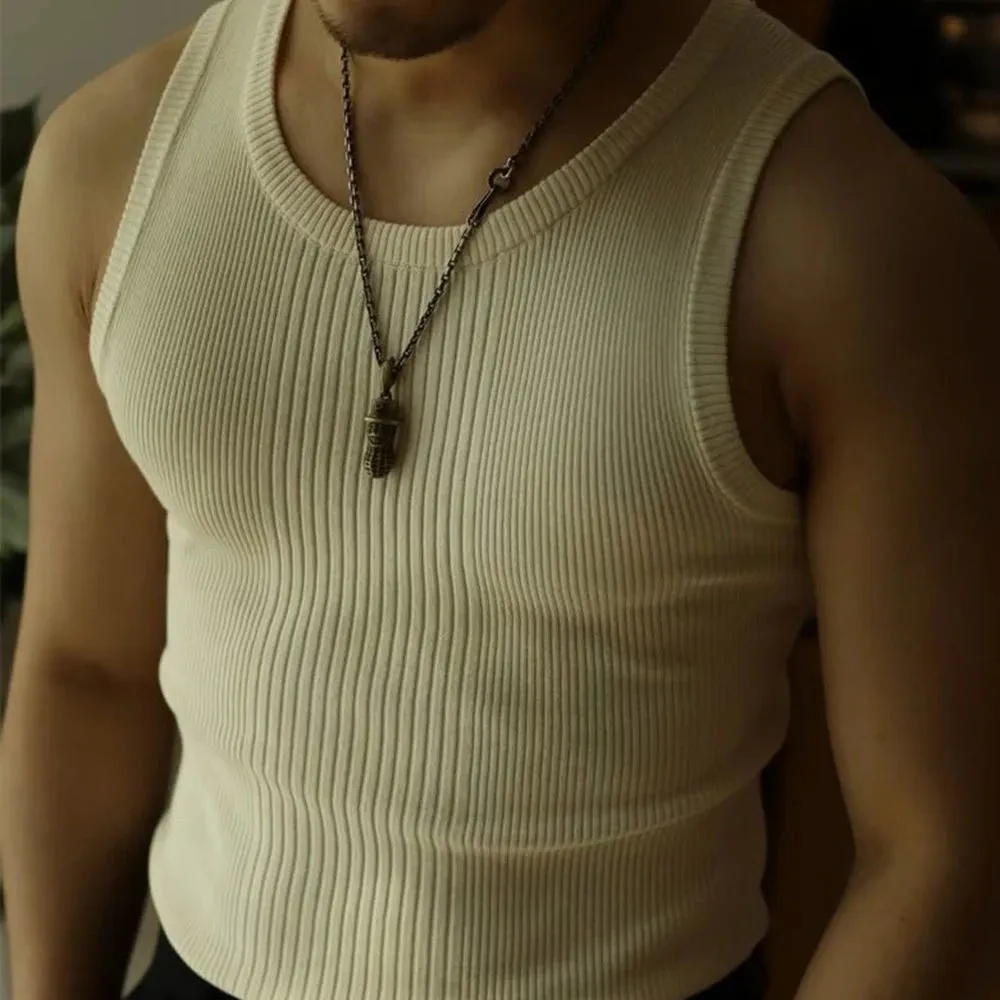 Aidase Men Streetwear Casual Solid Color Knitted Vest Sports Gym Bottoming Shirt Autumn Essential Ribbed Tank Top Slim Sleeveless Tees