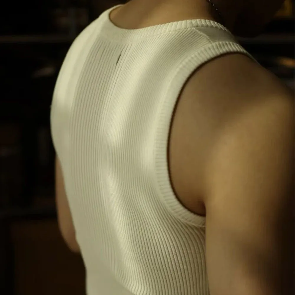 Aidase Men Streetwear Casual Solid Color Knitted Vest Sports Gym Bottoming Shirt Autumn Essential Ribbed Tank Top Slim Sleeveless Tees