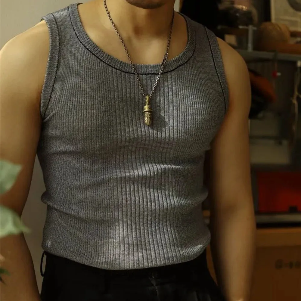 Aidase Men Streetwear Casual Solid Color Knitted Vest Sports Gym Bottoming Shirt Autumn Essential Ribbed Tank Top Slim Sleeveless Tees