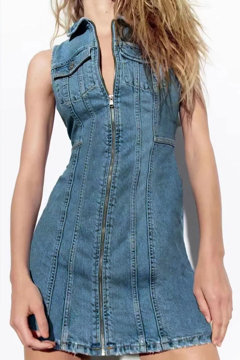 BD734 A-Line Zip-Up Polo Denim Mini Dress