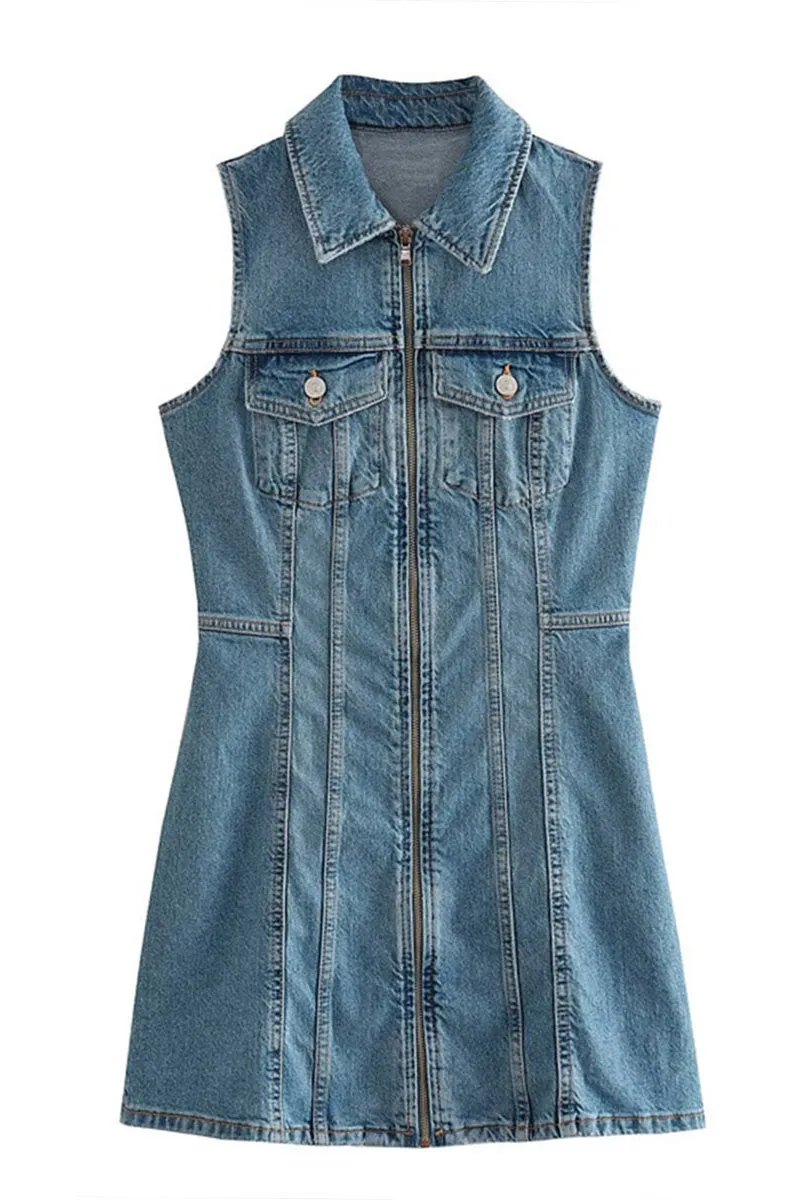 BD734 A-Line Zip-Up Polo Denim Mini Dress