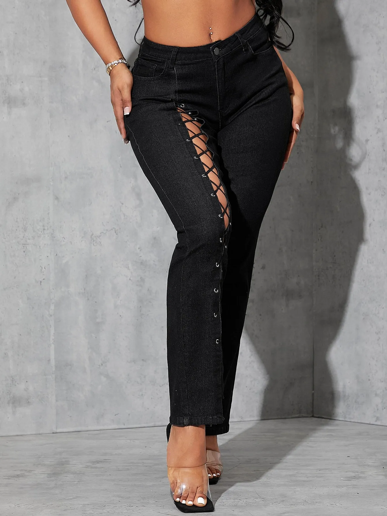 Black Grommet Eyelet Lace Up High Waist Jeans