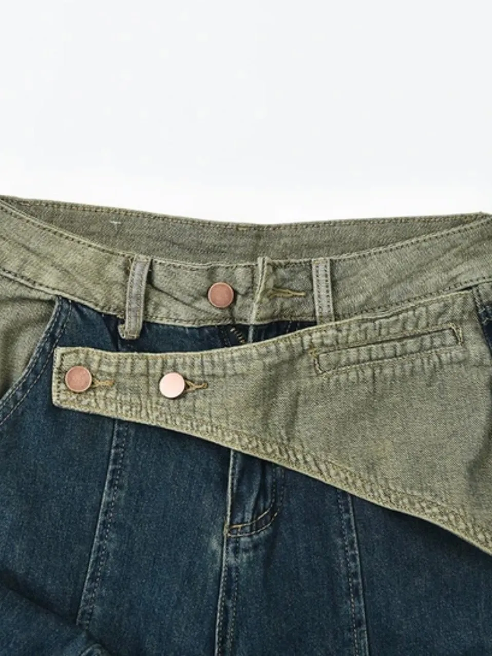 Blue jeans and green crossed strap straight pants