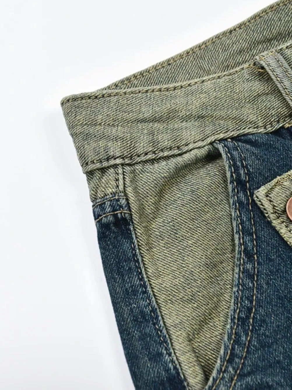 Blue jeans and green crossed strap straight pants