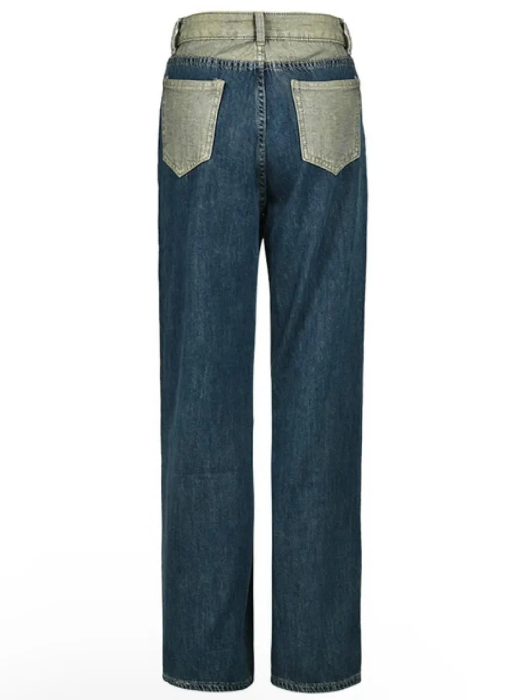 Blue jeans and green crossed strap straight pants