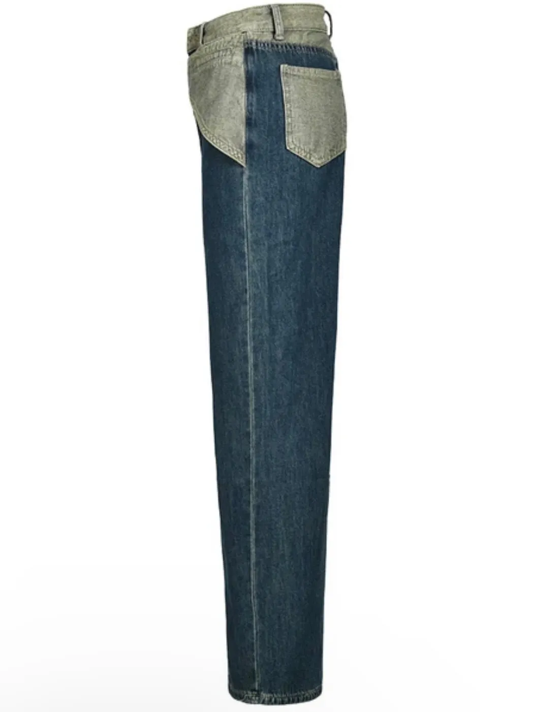 Blue jeans and green crossed strap straight pants