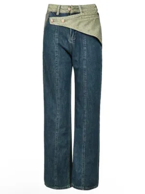 Blue jeans and green crossed strap straight pants