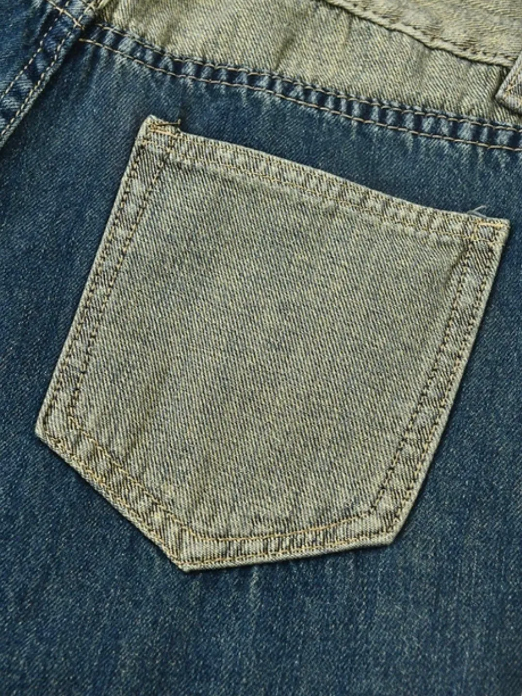 Blue jeans and green crossed strap straight pants