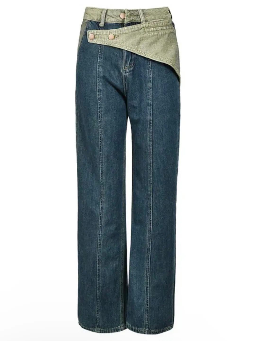 Blue jeans and green crossed strap straight pants