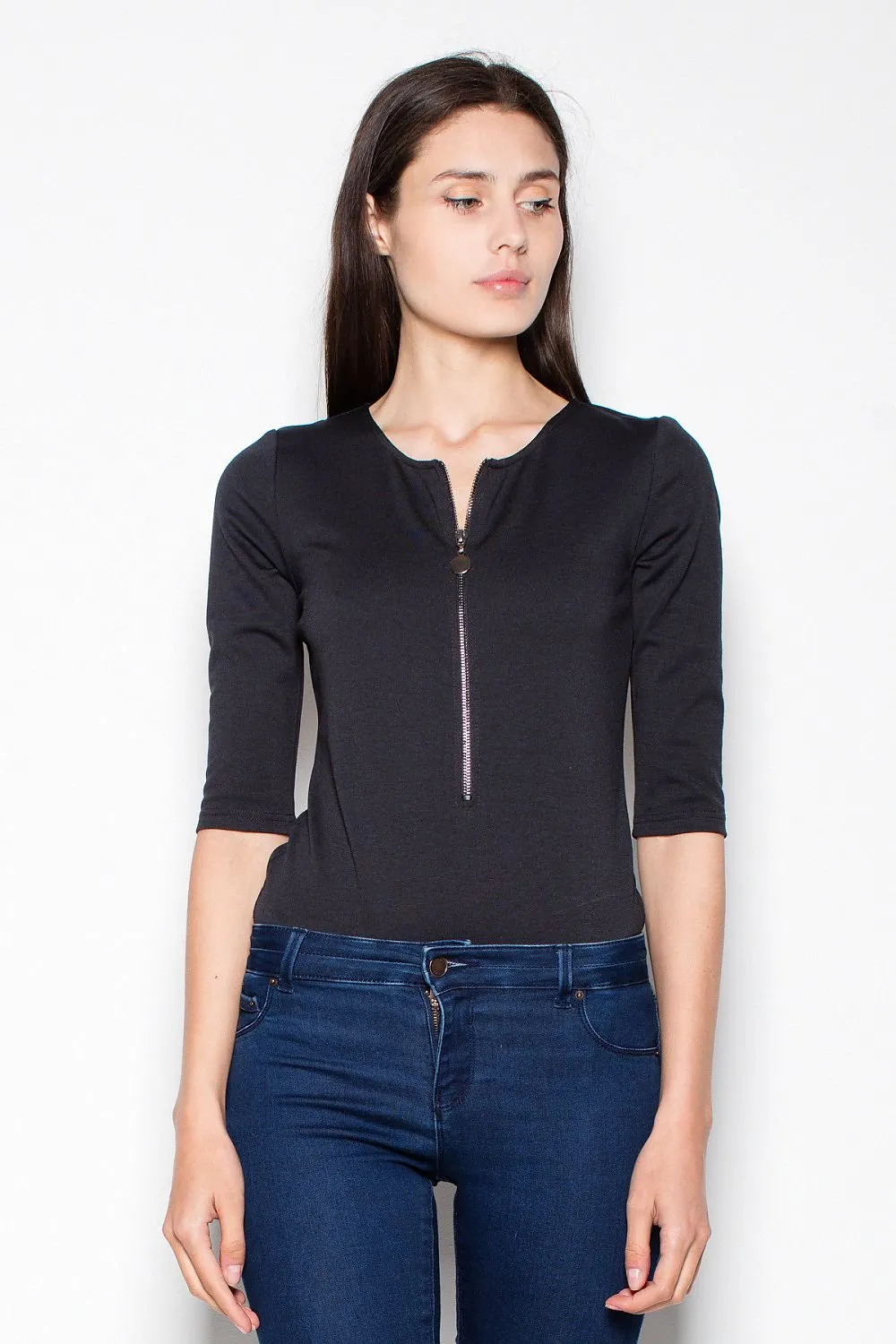 Chic Curve-Enhancing Zip-Up Bodysuit - Perfect for Trendy Denim Looks