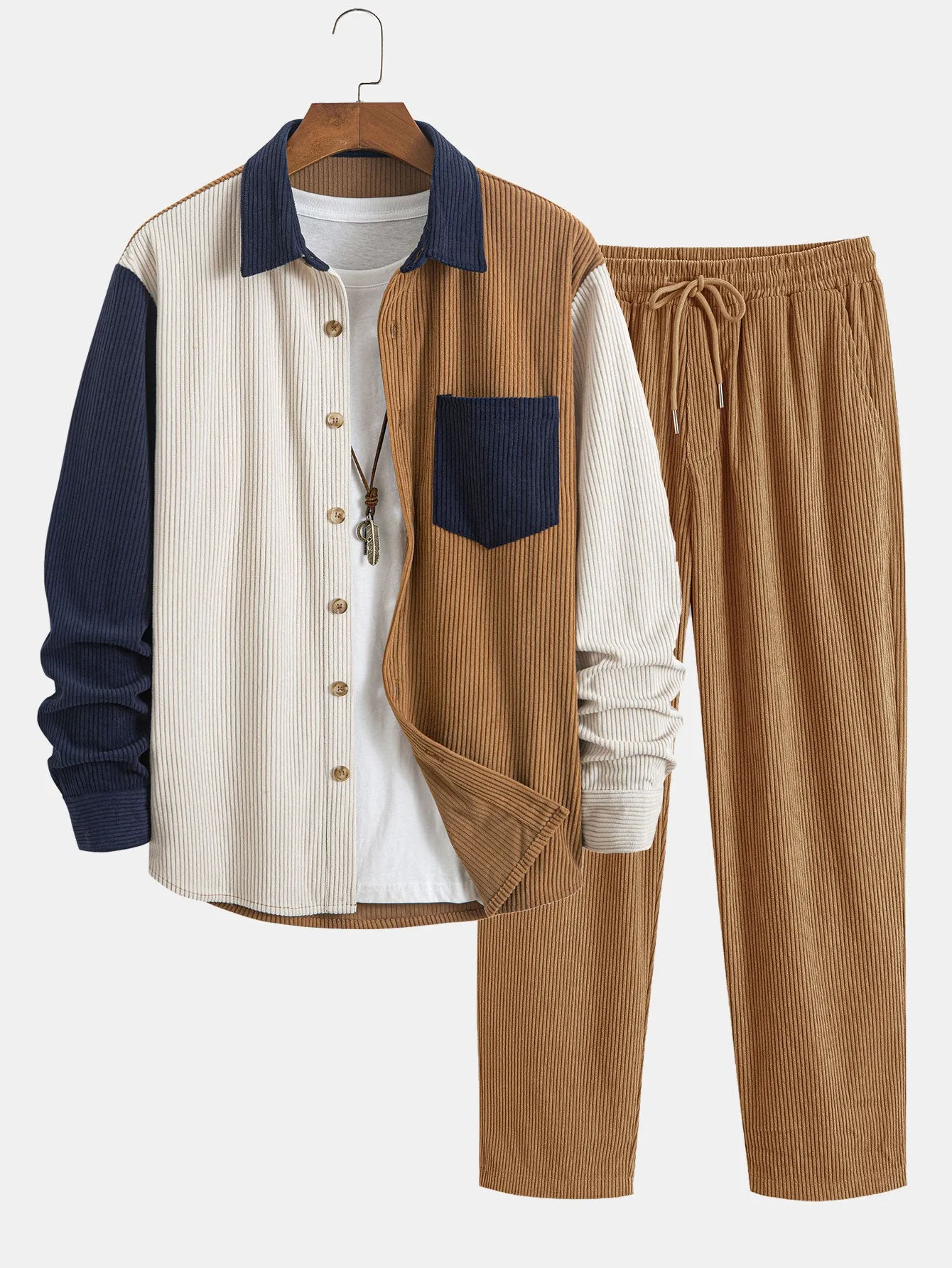 Corduroy Patchwork Shirt & Straight Leg Corduroy Pants