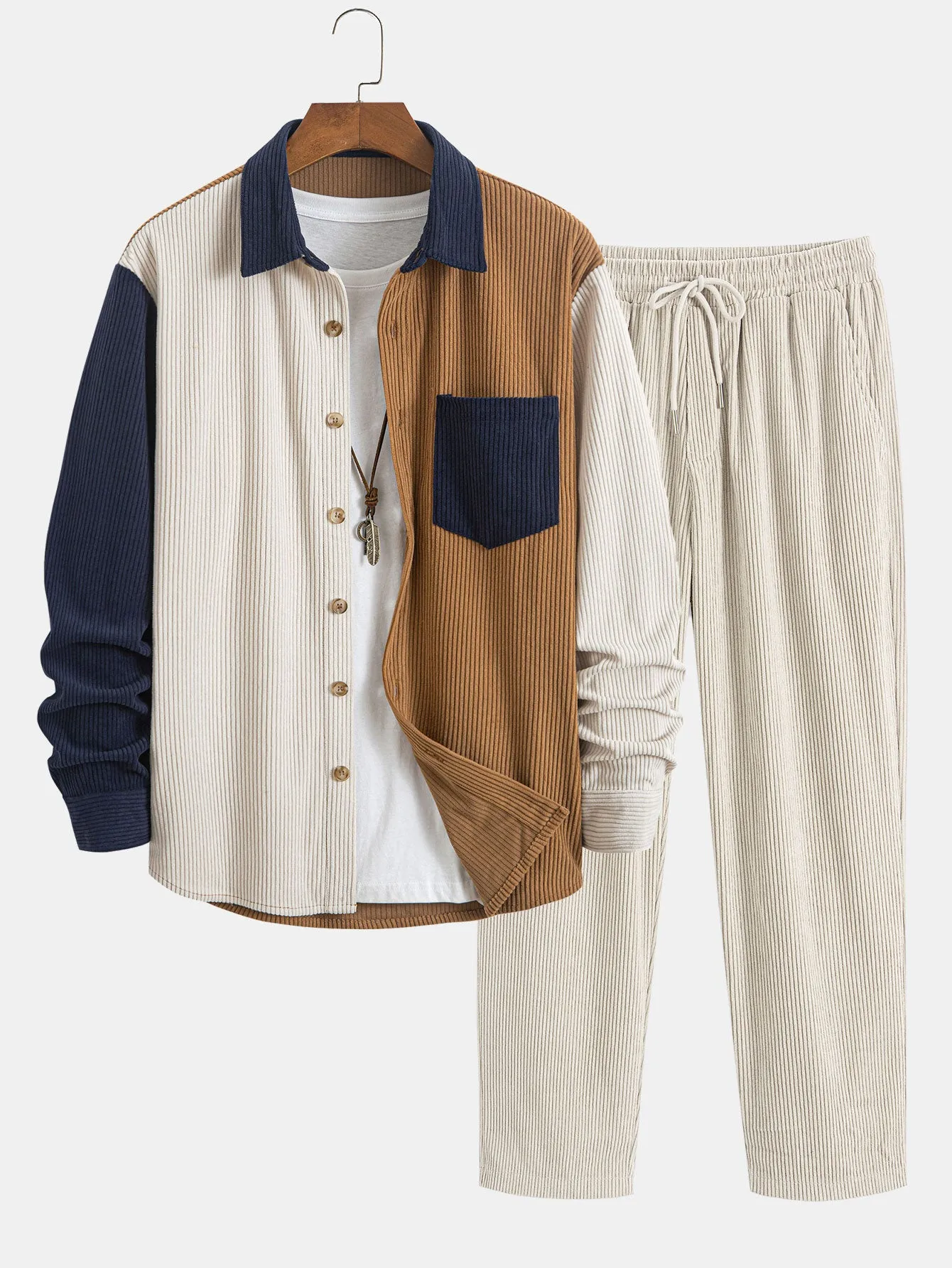 Corduroy Patchwork Shirt & Straight Leg Corduroy Pants