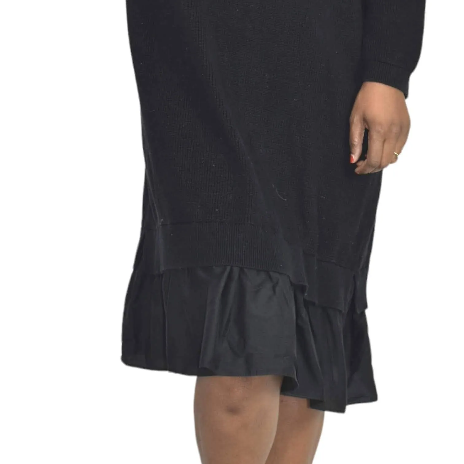 COS Ruffle Hem Sweater Dress Blue Navy Knit Ruched Overlay Layered Size Large