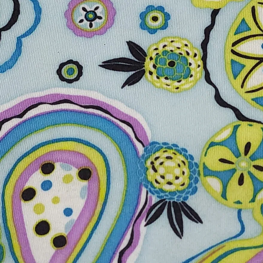 Cotton Spandex Knit Fabric, Boho Lavender Green and Blue Floral Swirl Print , Soft Medium Weight Fabric 4-way stretch. Sold by the 1/2 yard.