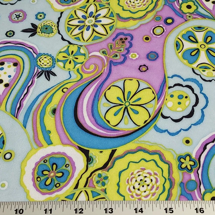Cotton Spandex Knit Fabric, Boho Lavender Green and Blue Floral Swirl Print , Soft Medium Weight Fabric 4-way stretch. Sold by the 1/2 yard.