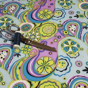 Cotton Spandex Knit Fabric, Boho Lavender Green and Blue Floral Swirl Print , Soft Medium Weight Fabric 4-way stretch. Sold by the 1/2 yard.