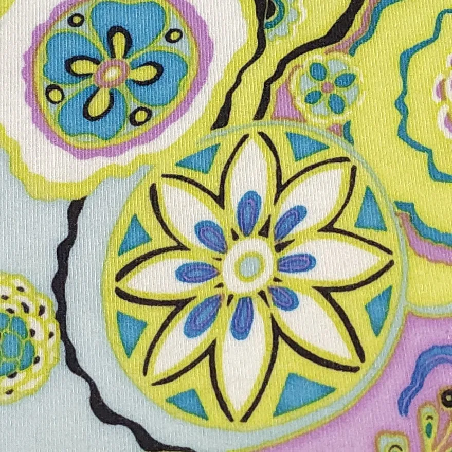 Cotton Spandex Knit Fabric, Boho Lavender Green and Blue Floral Swirl Print , Soft Medium Weight Fabric 4-way stretch. Sold by the 1/2 yard.