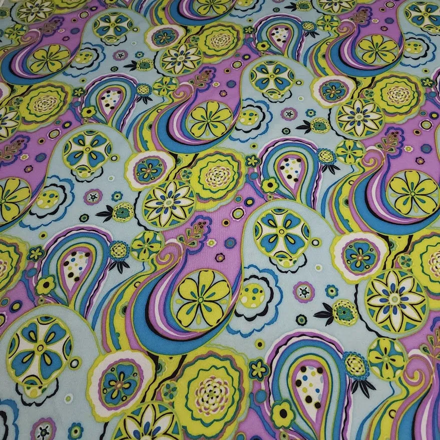 Cotton Spandex Knit Fabric, Boho Lavender Green and Blue Floral Swirl Print , Soft Medium Weight Fabric 4-way stretch. Sold by the 1/2 yard.