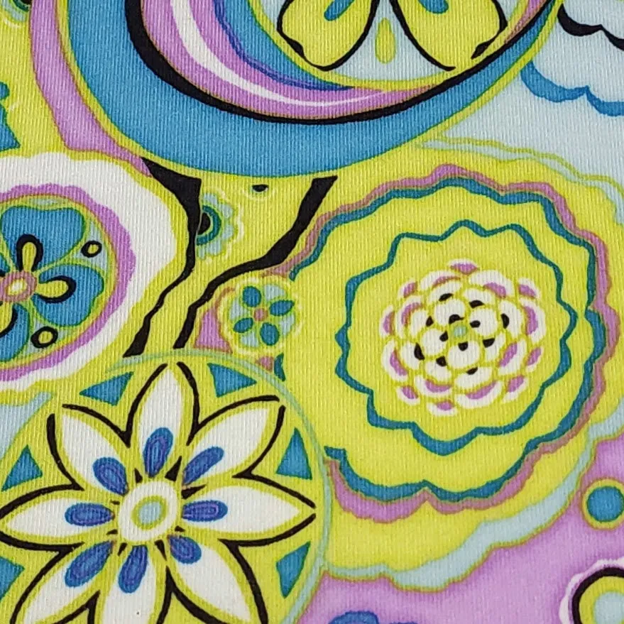 Cotton Spandex Knit Fabric, Boho Lavender Green and Blue Floral Swirl Print , Soft Medium Weight Fabric 4-way stretch. Sold by the 1/2 yard.