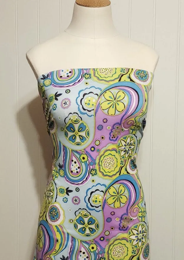 Cotton Spandex Knit Fabric, Boho Lavender Green and Blue Floral Swirl Print , Soft Medium Weight Fabric 4-way stretch. Sold by the 1/2 yard.