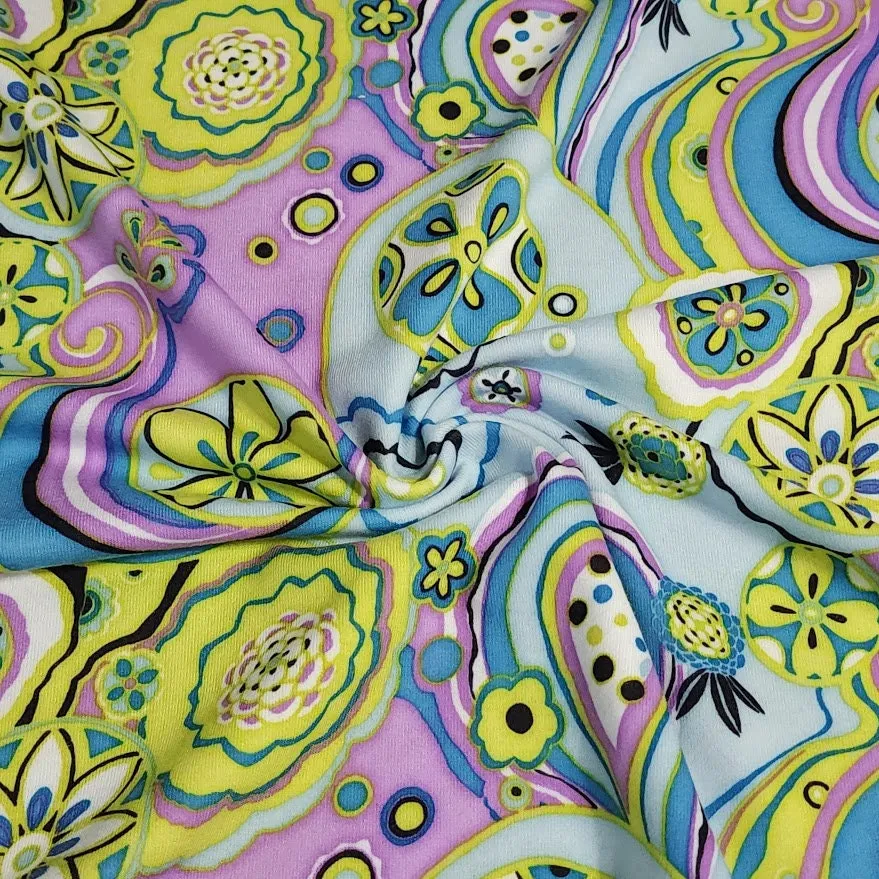 Cotton Spandex Knit Fabric, Boho Lavender Green and Blue Floral Swirl Print , Soft Medium Weight Fabric 4-way stretch. Sold by the 1/2 yard.