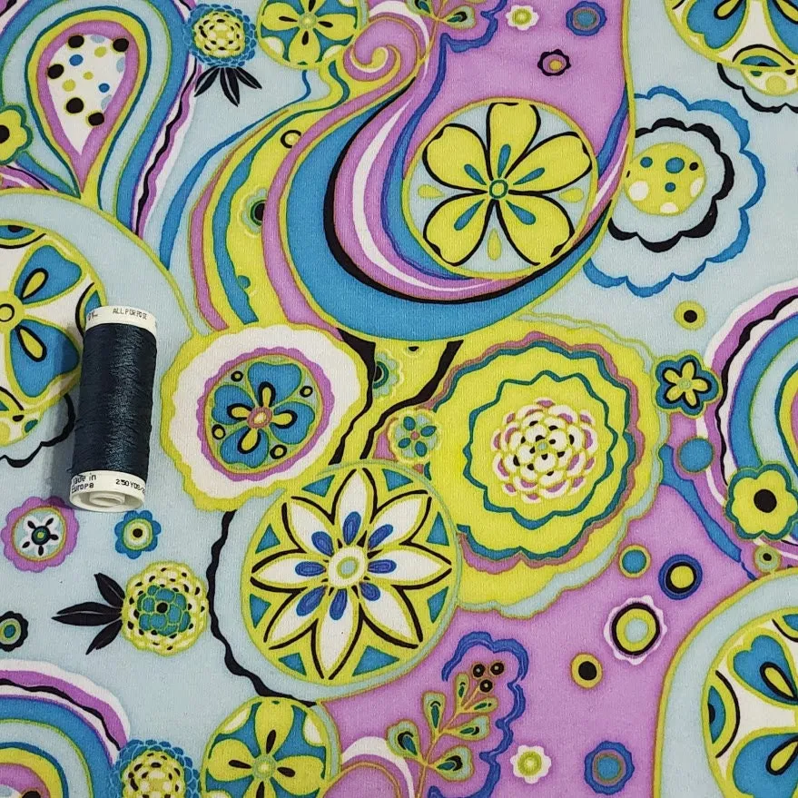Cotton Spandex Knit Fabric, Boho Lavender Green and Blue Floral Swirl Print , Soft Medium Weight Fabric 4-way stretch. Sold by the 1/2 yard.