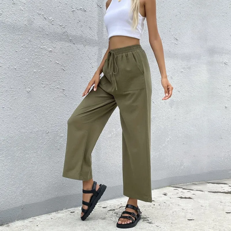 Drawstring Loose Solid Color Cotton Wide-Leg Pants Women Wholesale