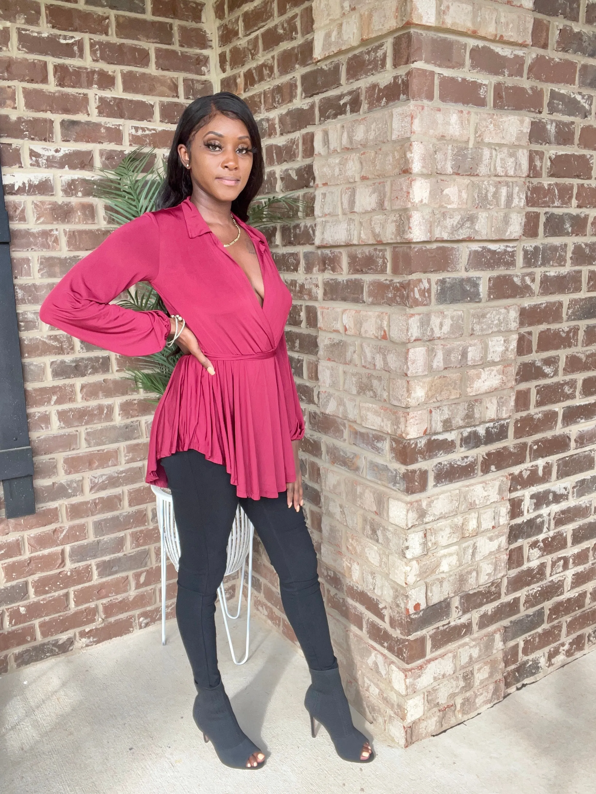 Flared Long Sleeve Bodysuit | Burgundy - FINAL SALE