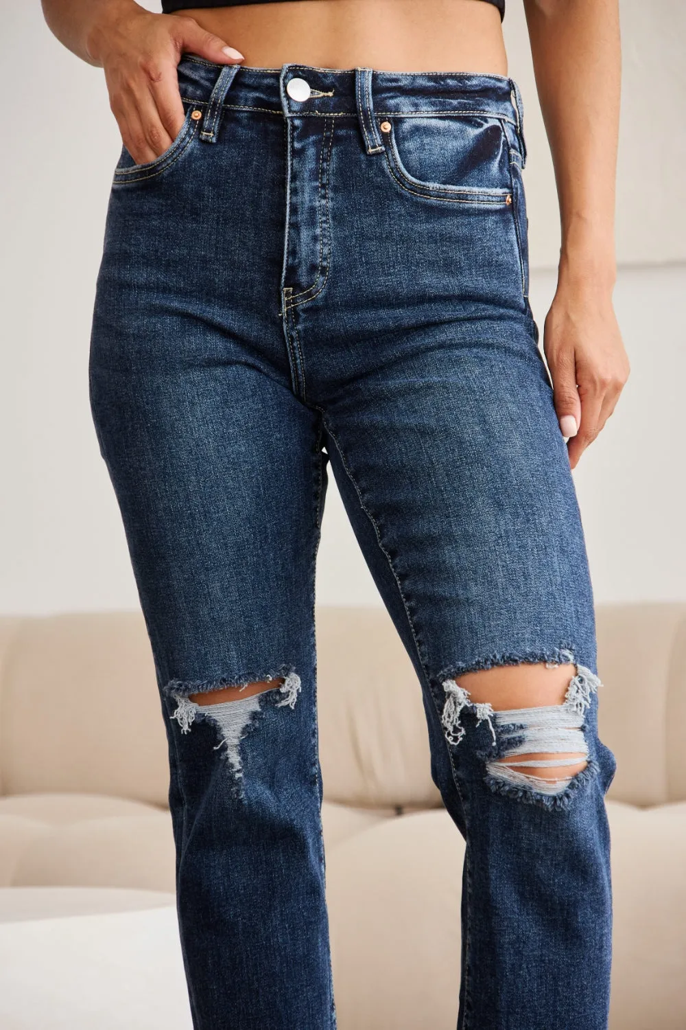 Full Size Tummy Control Distressed High Waist Raw Hem Jeans Dark Potassium w/ destruct