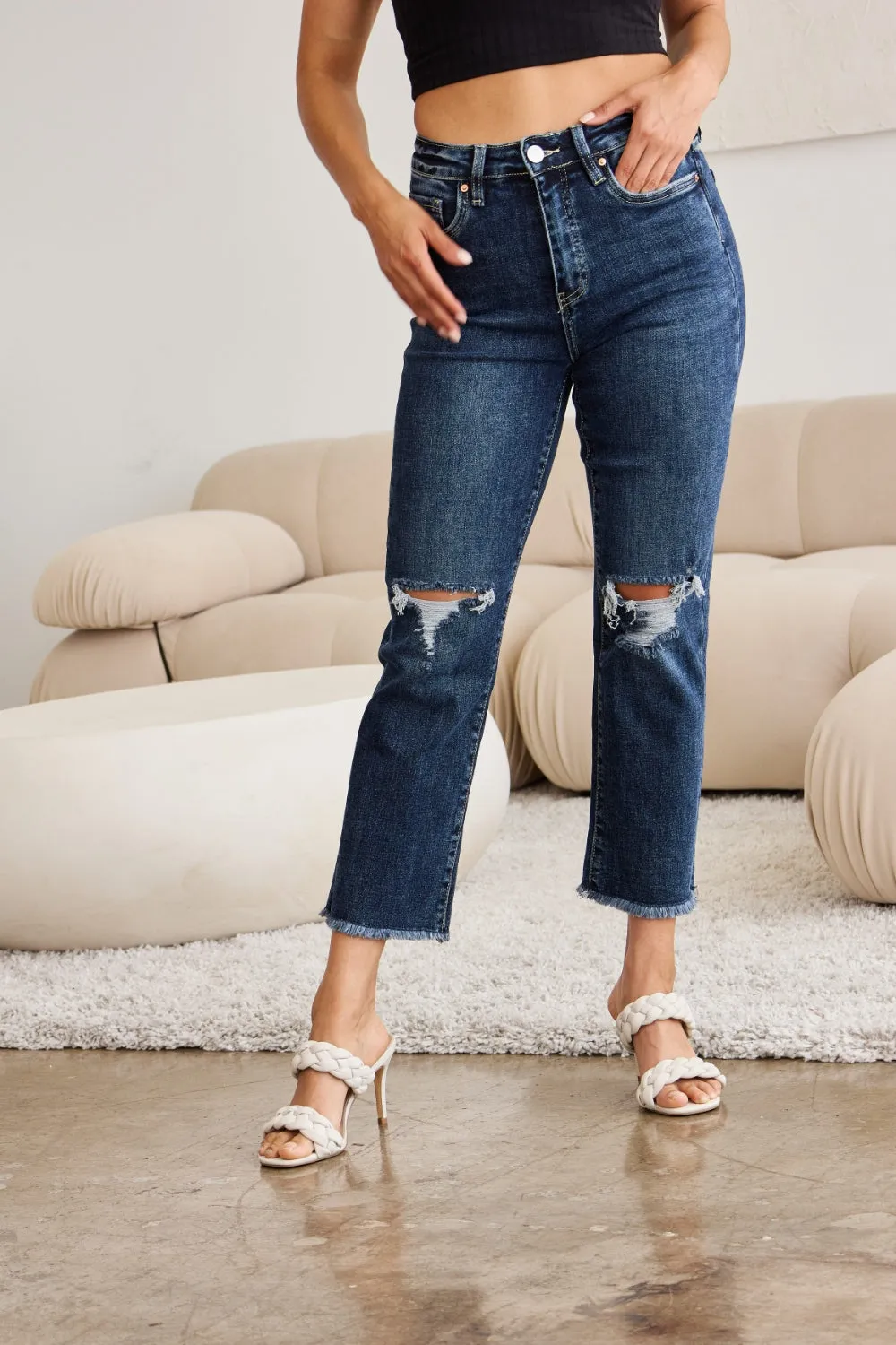 Full Size Tummy Control Distressed High Waist Raw Hem Jeans Dark Potassium w/ destruct