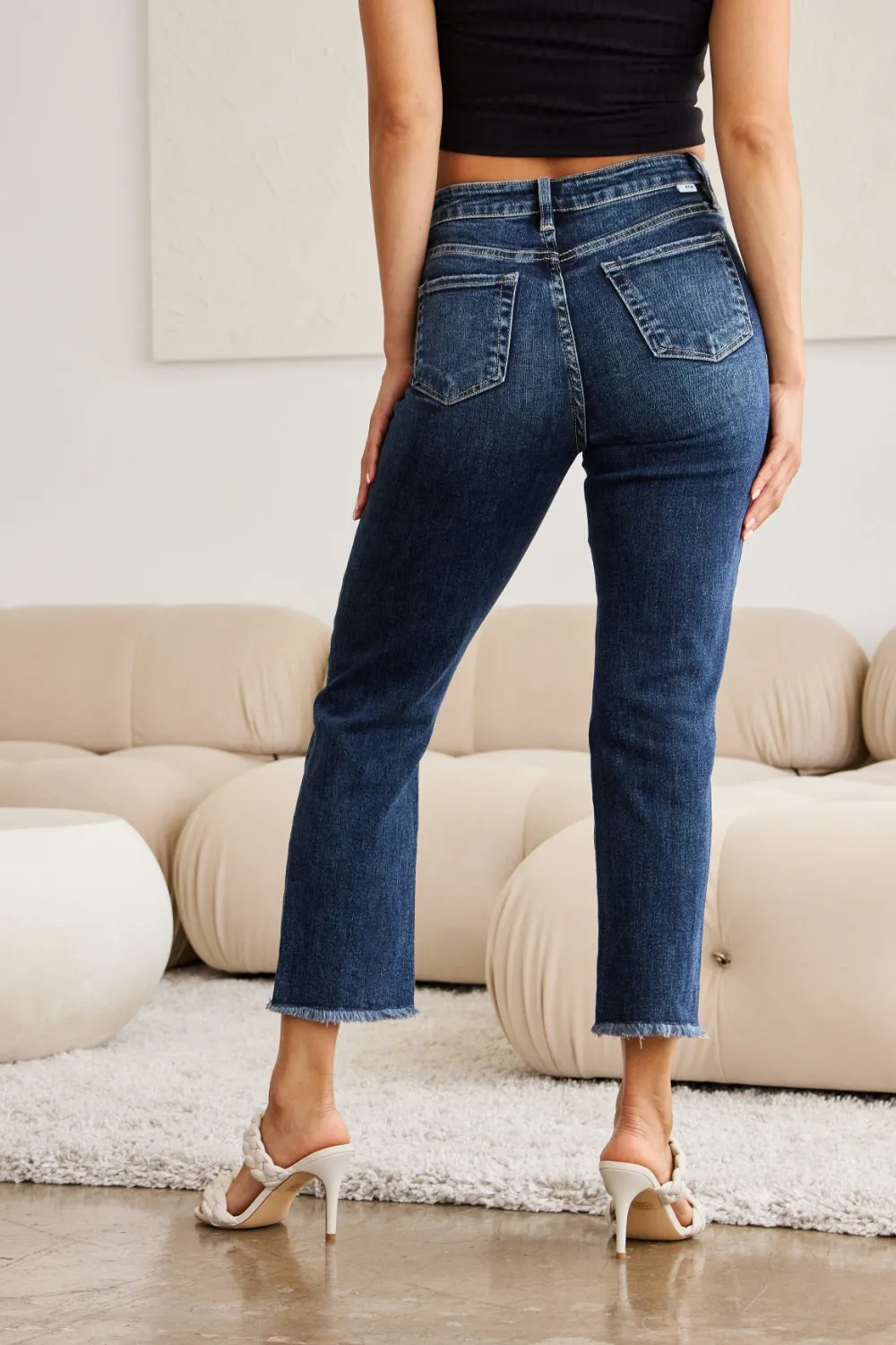 Full Size Tummy Control Distressed High Waist Raw Hem Jeans Dark Potassium w/ destruct