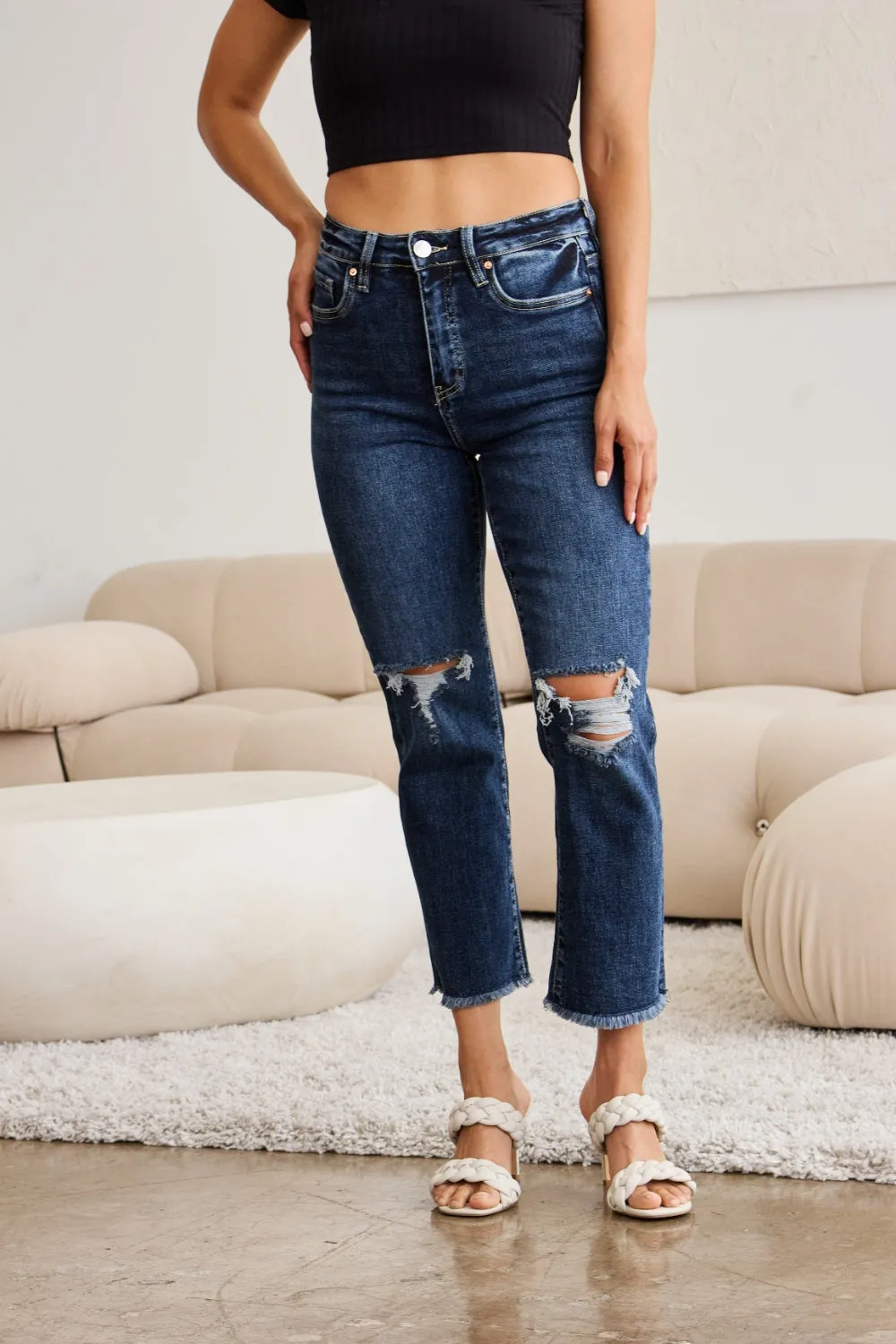 Full Size Tummy Control Distressed High Waist Raw Hem Jeans Dark Potassium w/ destruct