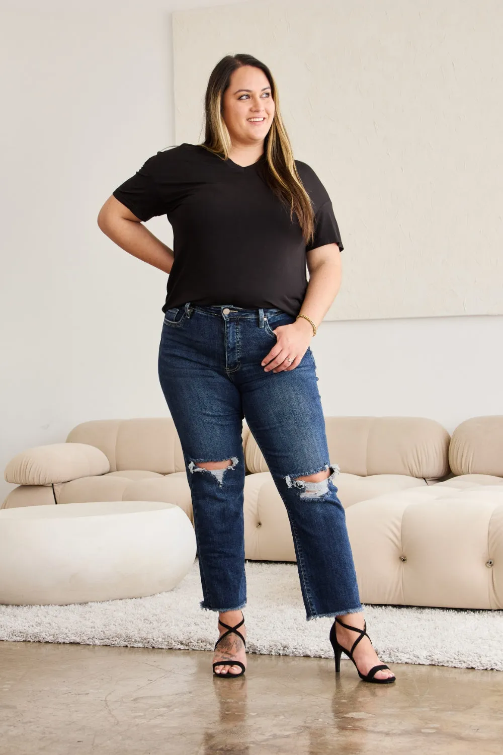 Full Size Tummy Control Distressed High Waist Raw Hem Jeans Dark Potassium w/ destruct