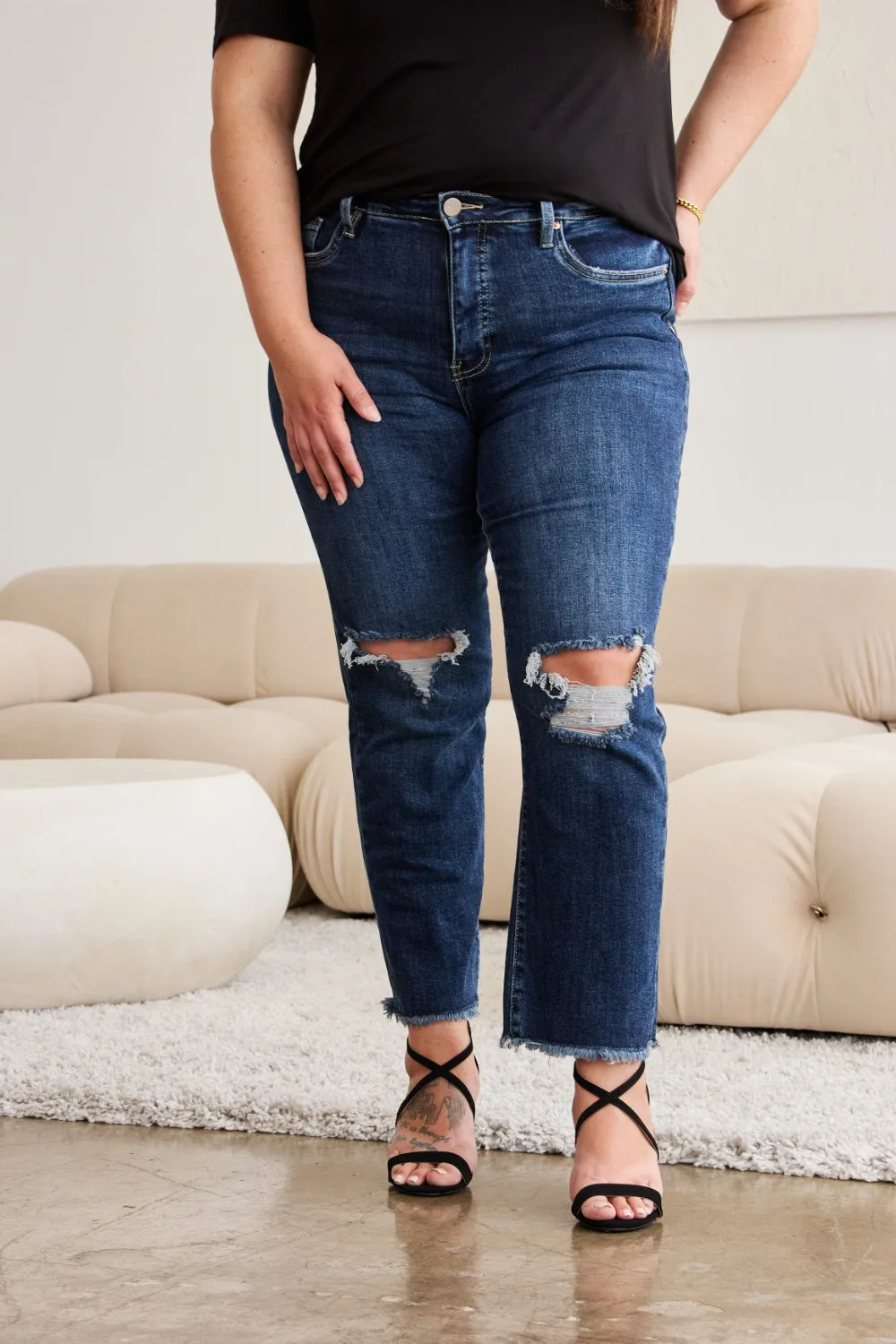 Full Size Tummy Control Distressed High Waist Raw Hem Jeans Dark Potassium w/ destruct