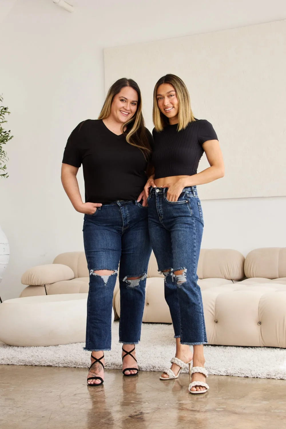 Full Size Tummy Control Distressed High Waist Raw Hem Jeans Dark Potassium w/ destruct