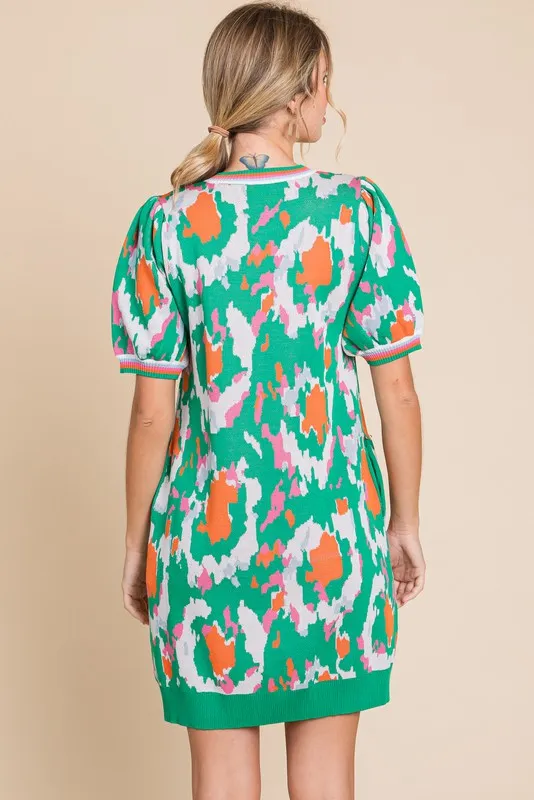 Geo Print Striped Cuff Bubble Sleeve Sweater Dress - Green