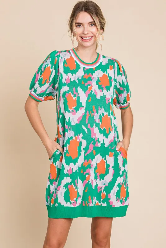 Geo Print Striped Cuff Bubble Sleeve Sweater Dress - Green