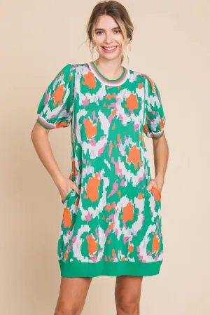 Geo Print Striped Cuff Bubble Sleeve Sweater Dress - Green