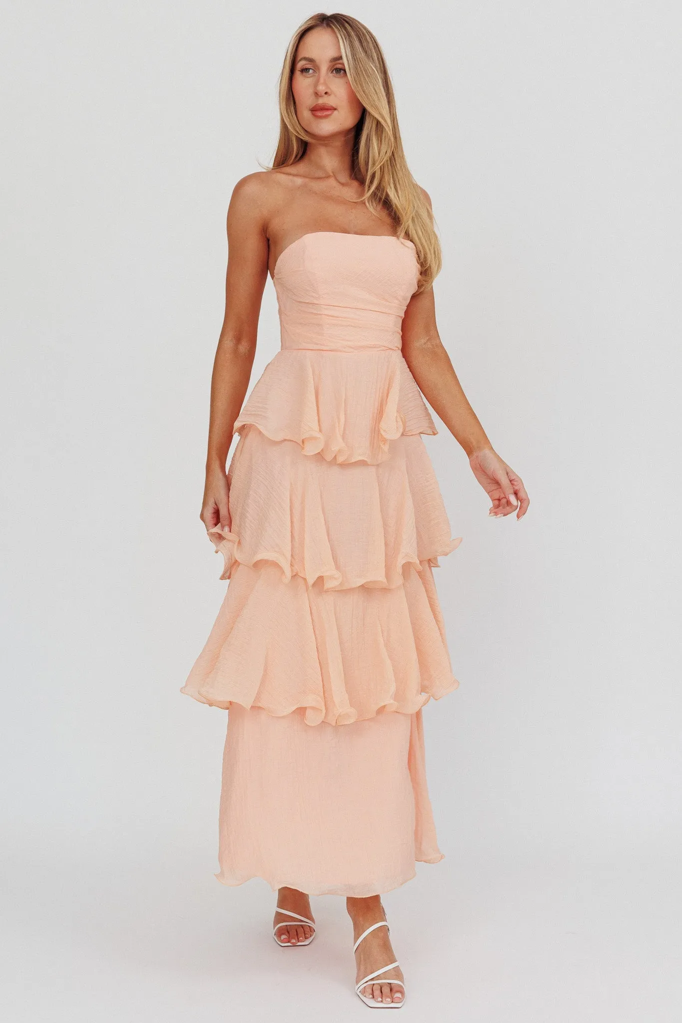 Giavana Strapless Layered Ruffles Midi Dress Blush