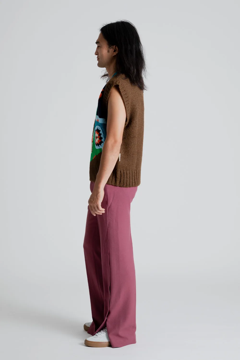 Knitted Crochet Intarsia V-Neck Vest - Brown
