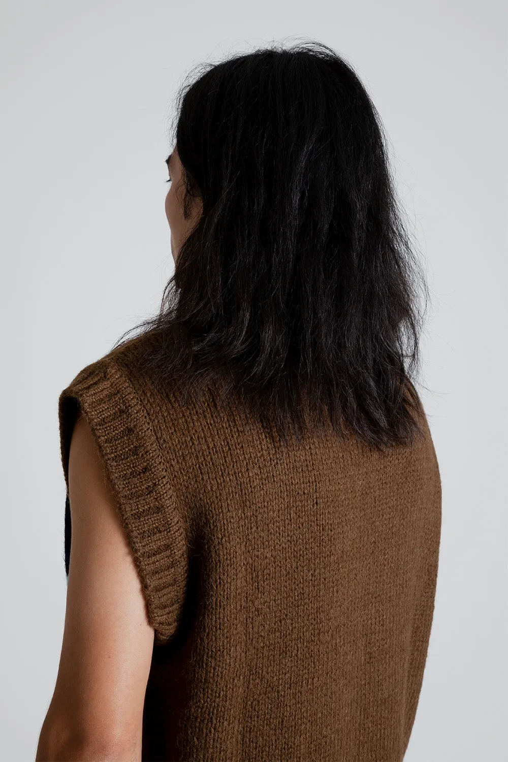 Knitted Crochet Intarsia V-Neck Vest - Brown