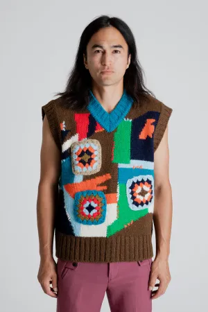 Knitted Crochet Intarsia V-Neck Vest - Brown