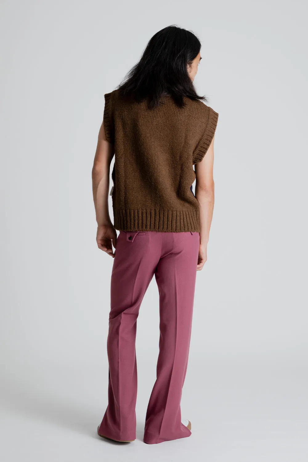 Knitted Crochet Intarsia V-Neck Vest - Brown