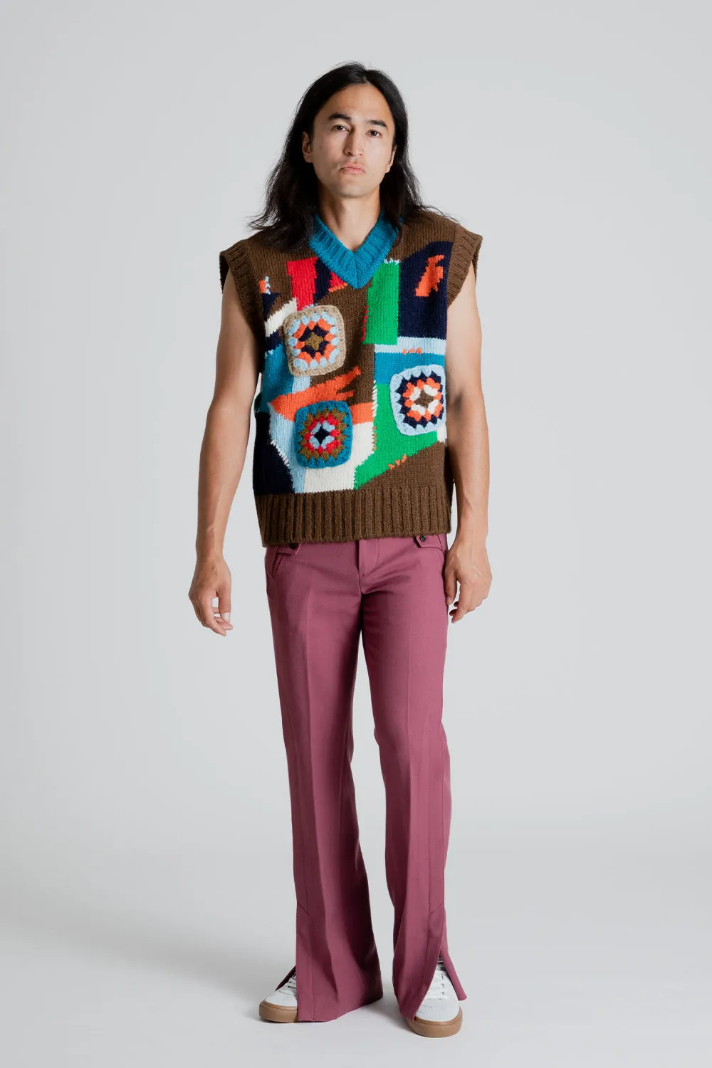 Knitted Crochet Intarsia V-Neck Vest - Brown